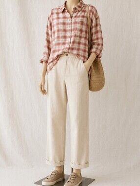 American Eagle Oversized Plaid Flannel Shirt XXL Dusty Pink Cream Button Front